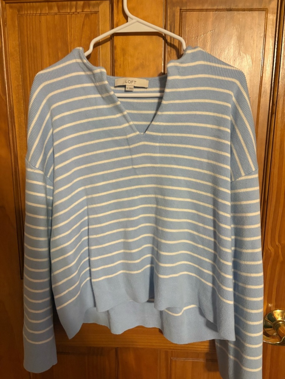 LOFT Light Blue and White Striped V-Neck Pullover Sweater